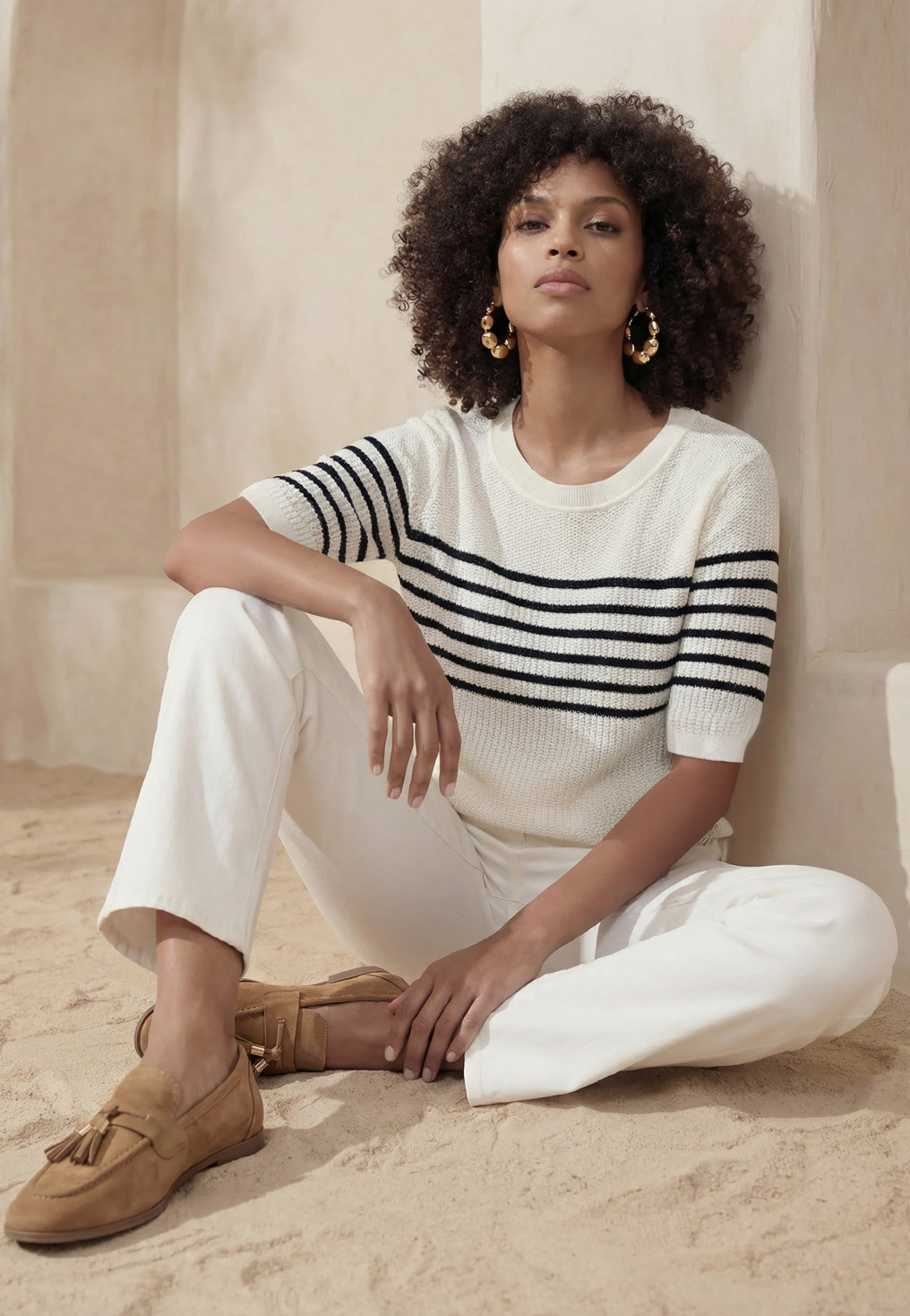 PULL MANCHE COURTE - LOANEC - OFF WHITE/MARINE